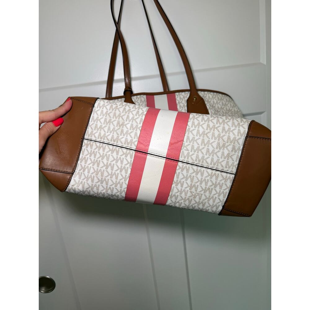 Michael Kors Signature MK Logo Large Tote Bag Pink White Stripe Brown + Pouch - Picture 5 of 9